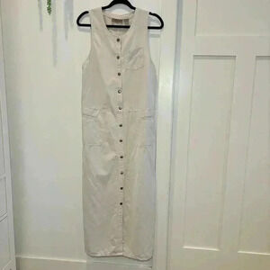Directives 90's Neutral Cream Button Up Jumper Dress Pockets Size Small Back Tie